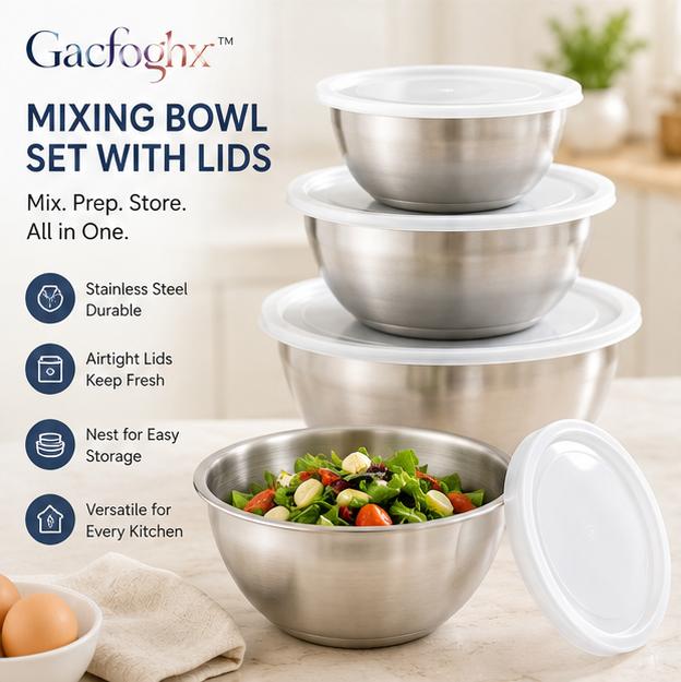 Gacfoghx™ Mixing Bowl Set with Lids for Baking, Cooking, Meal Prep, Salad, Batter, Dough & Kitchen Storage