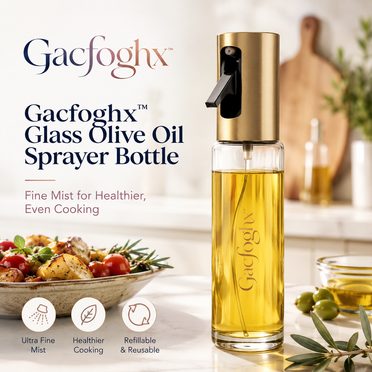 Gacfoghx™ Glass Olive Oil Sprayer Bottle for Cooking, Salad, Air Fryer, BBQ & Kitchen Meal Prep, Refillable Oil Mister Spray Dispenser
