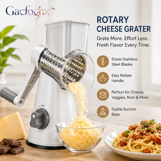 Gacfoghx™ Rotary Cheese Grater for Parmesan, Vegetables, Chocolate, Nuts & Salad Toppings, Manual Kitchen Shredder Slicer