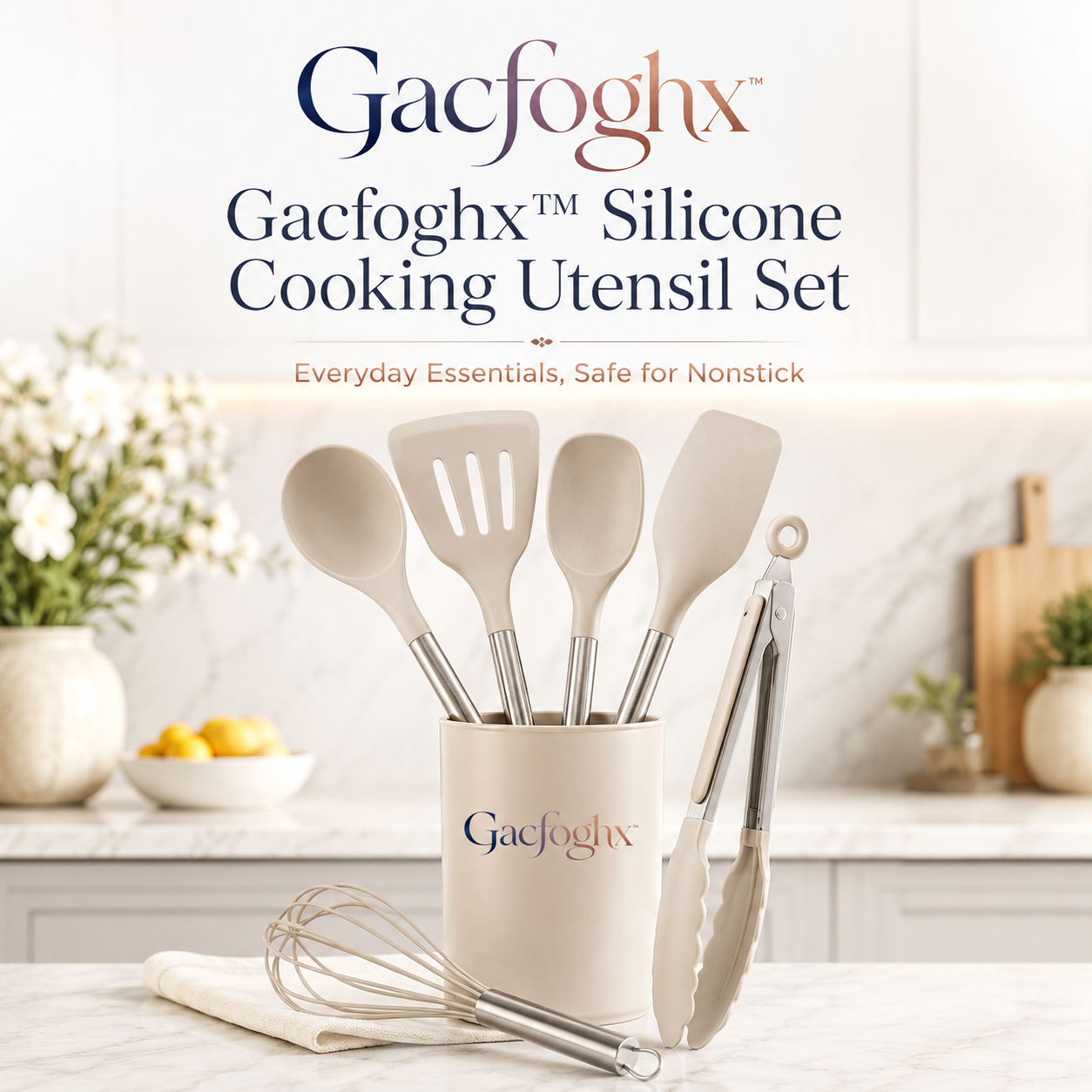 Gacfoghx™ Silicone Cooking Utensil Set with Spatula, Spoon, Turner, Tongs & Whisk, Nonstick Cookware Safe Kitchen Tool Set