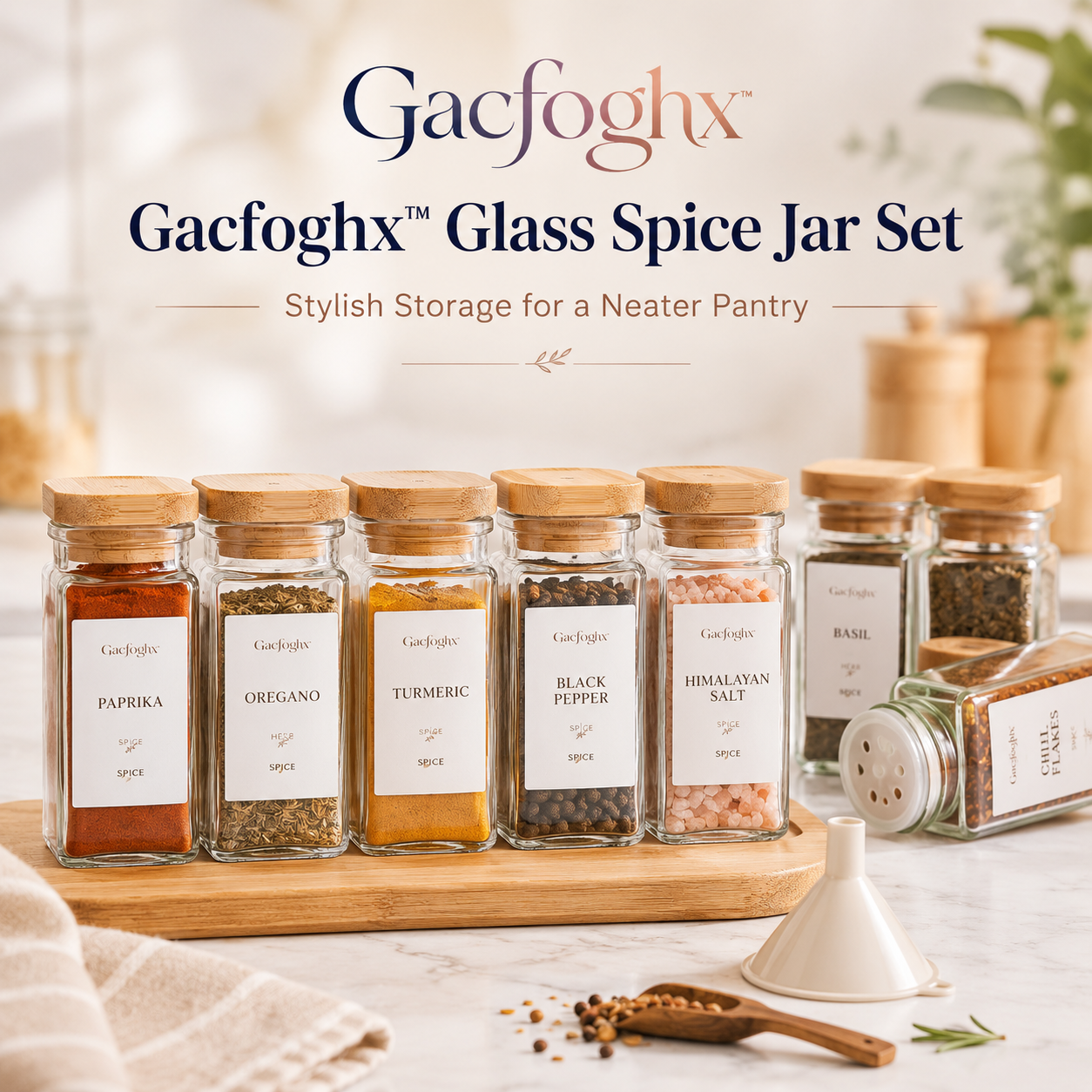 Gacfoghx™ Glass Spice Jar Set with Bamboo Lids, Labels & Funnel, Kitchen Pantry Organizer for Herbs, Seasonings & Spices